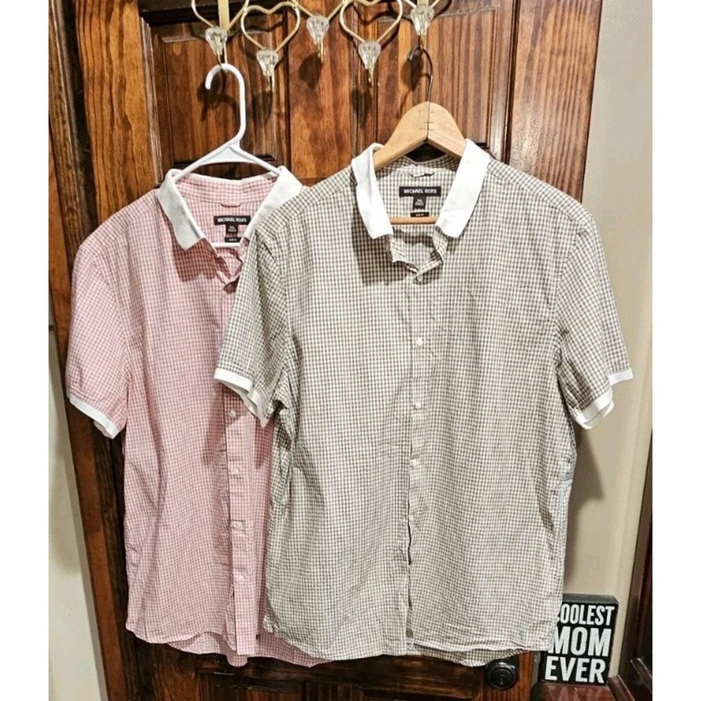 Michael Kors Mens XXL Slim Fit Gingham Button Up Shirt Bundle Lot of 2 Red Tan